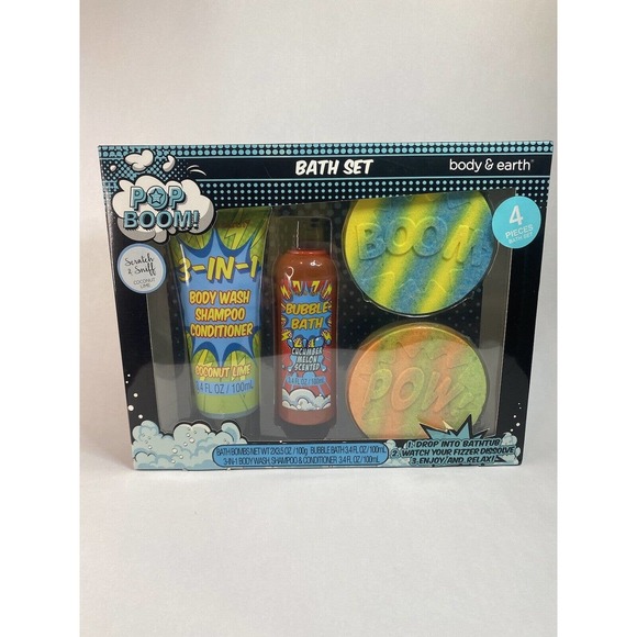 POP BOOM Body & Earth 4-Piece Bath Set 3-in-1 Body Wash Bubble Bath Bath Bombs - Picture 1 of 12